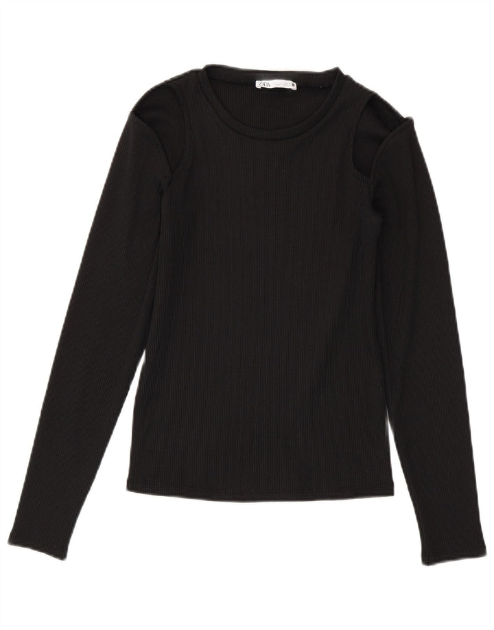 Zara Femmes Crop Top Manches Longues UK 8 Petit Noir Polyester