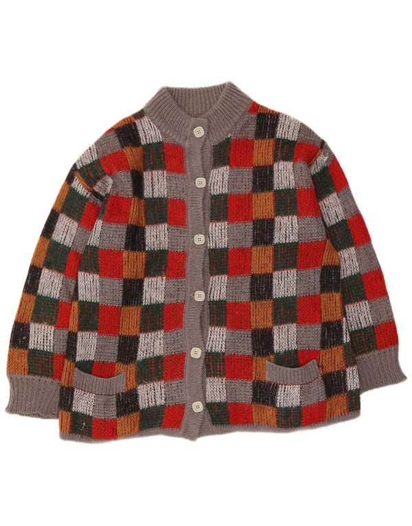 vintage Womens Oversize Cardigan Sweater UK 16 Grand chèque multicolore
