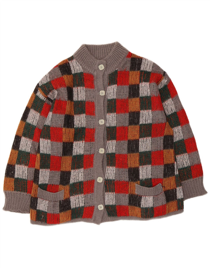 vintage Womens Oversize Cardigan Sweater UK 16 Grand chèque multicolore