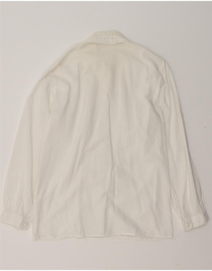 VINTAGE Femme Ruffle Front Shirt Blouse UK 14 Moyen Blanc Floral