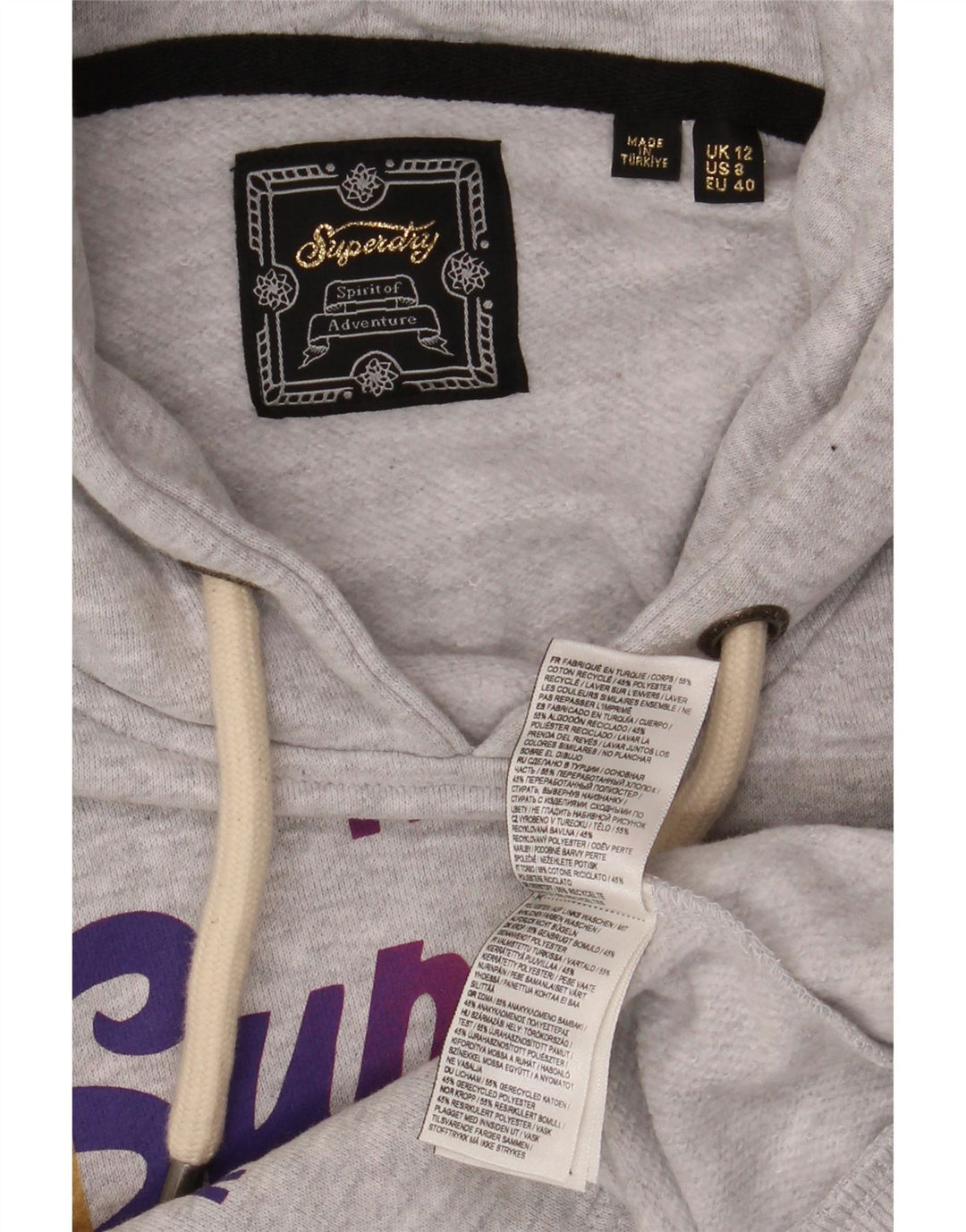 SUPERDRY Pull à capuche graphique pour femme UK 12 Gris moyen Coton