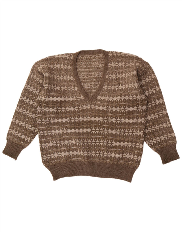 vintage Homme Col V Pull Pull Gris Moyen Rayé