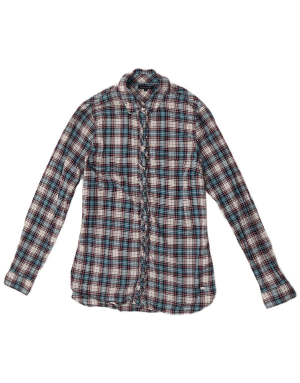 Tommy Hilfiger Womens Ruffle Front Shirt Blouse US 6 Medium Blue Check