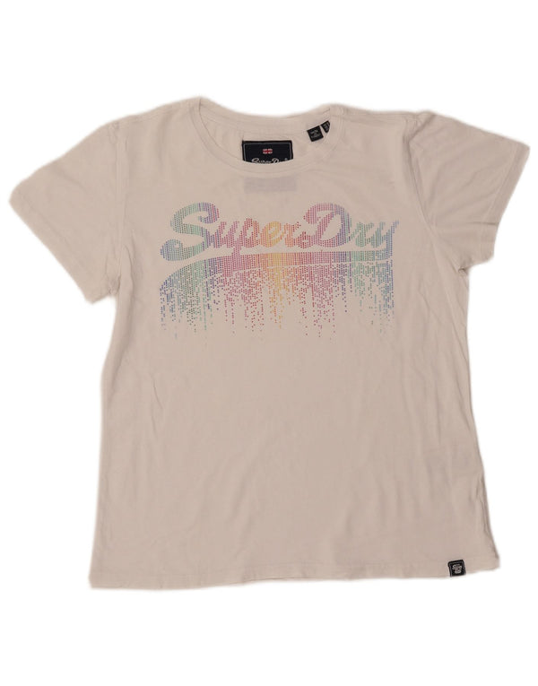 SUPERDRY T-Shirt Graphique Femme UK 12 Coton Blanc Moyen