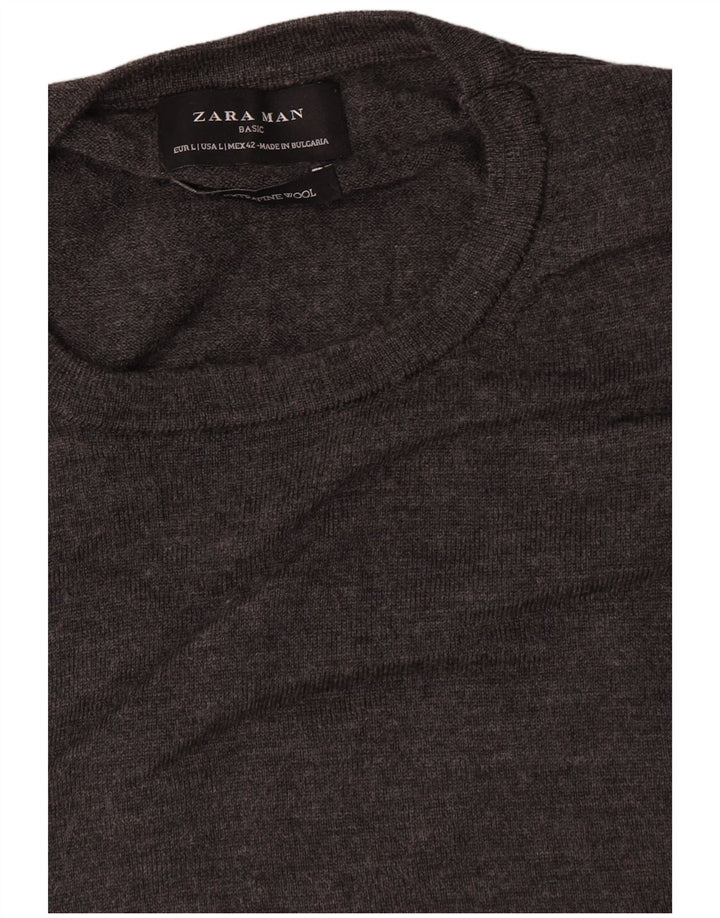 Zara Pull à col rond pour homme en laine grise
