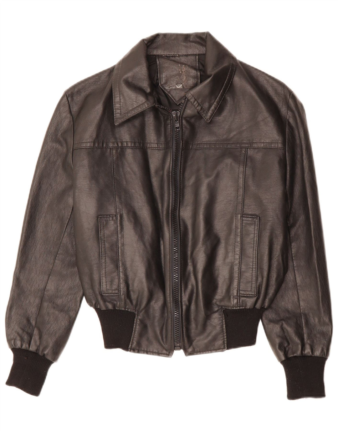 VINTAGE Veste en cuir femme UK 12 Moyen Noir