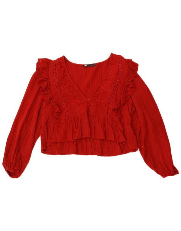 Zara Womens Crop Long Sleeve Blouse Top UK 10 Petit Rouge Polyester