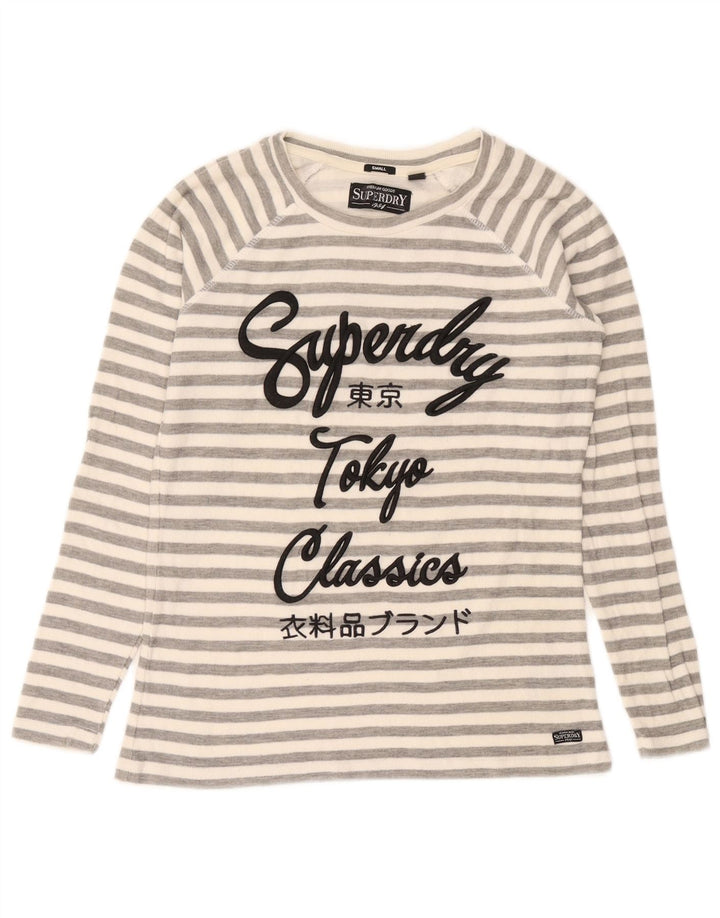 Superdry Haut graphique à manches longues pour femme UK 10 Petit coton rayé gris