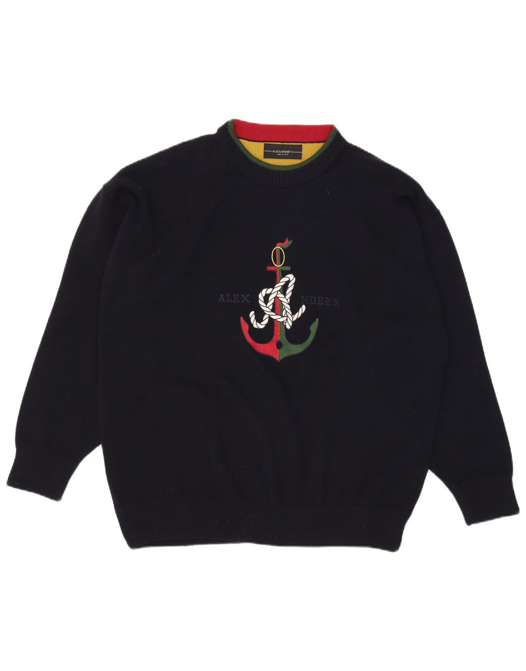 Alexander's Pull graphique à col rond pour homme 2XL en laine bleu marine