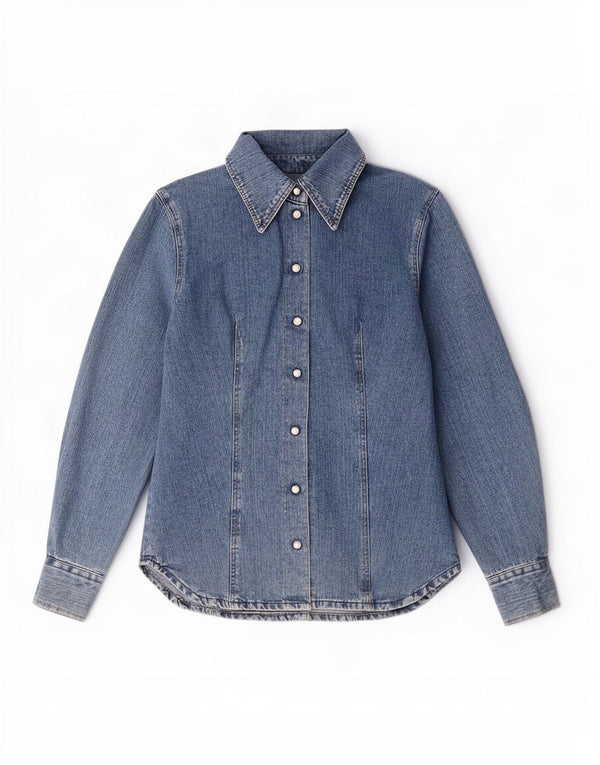 chemise en denim femme vintage UK 12 coton bleu moyen