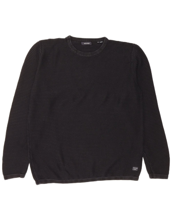 JACK & JONES Mens Crew Neck Jumper Sweater 2XL Black Striped Cotton