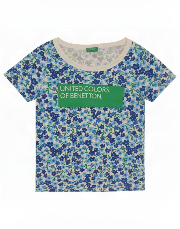 Benetton T-Shirt Graphique Femme UK 12 Bleu Moyen Floral