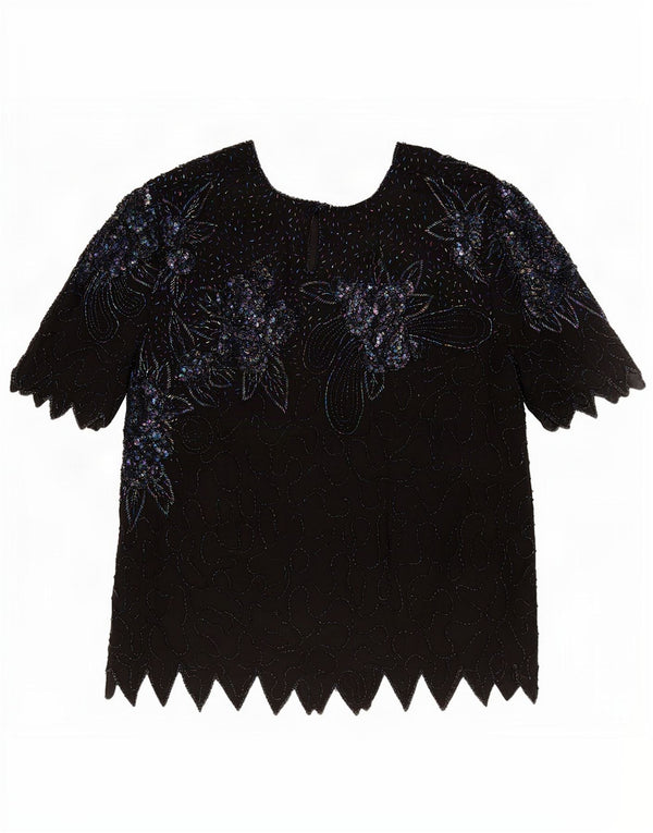 vintage Femmes Soirée Blouse Top UK 18 XL Noir Floral Soie