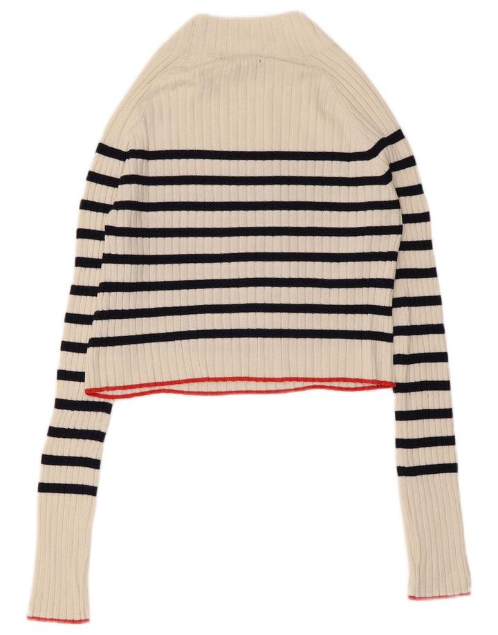 Zara Womens Crop Turtle Neck Jumper Sweater UK 12 Moyen Blanc Rayé