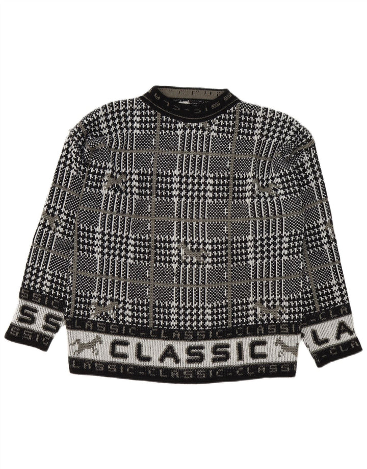 vintage Mens Graphic Crew Neck Jumper Pull Grand Carreau Noir