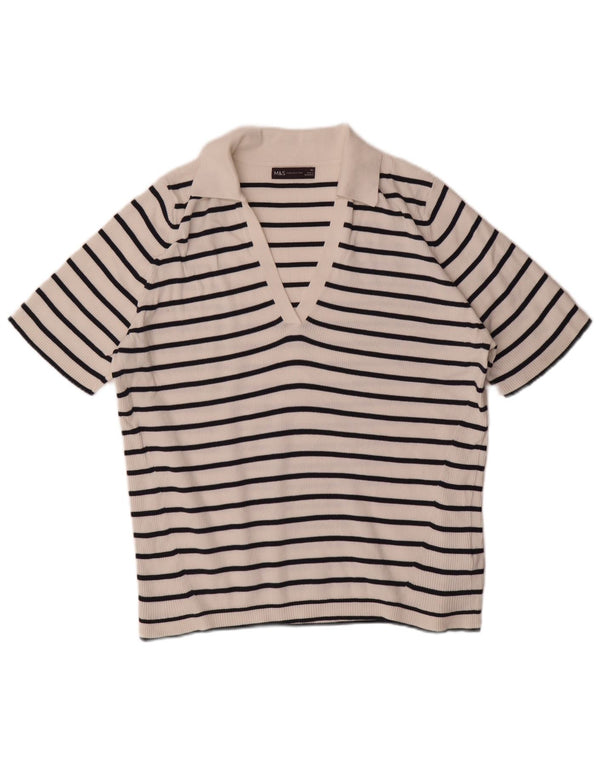 Marks & Spencer Polo Femme UK 18 XL Coton Rayé Blanc