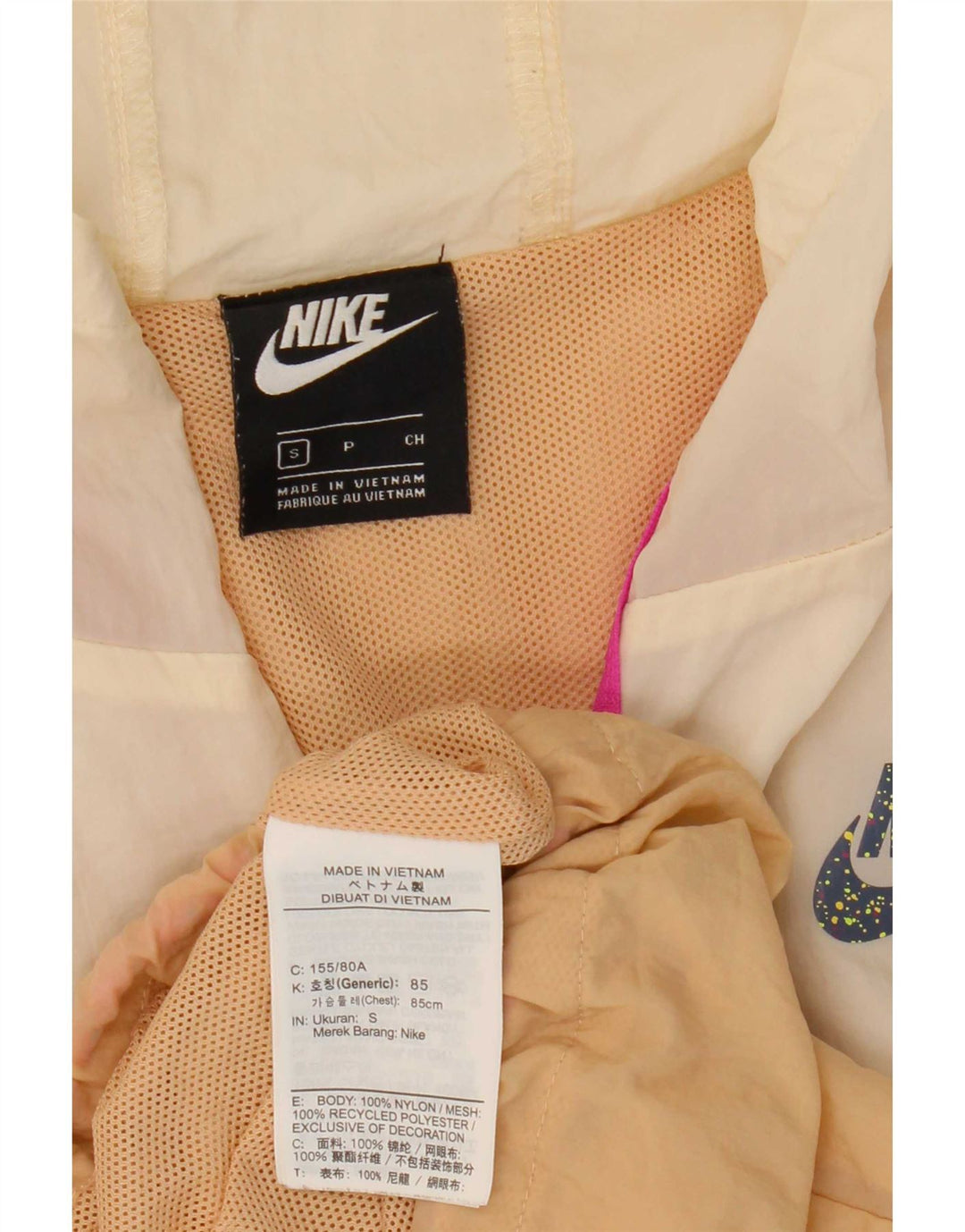 Veste de pluie surdimensionnée à capuche Nike pour femme UK 10 Small Beige Colourblock