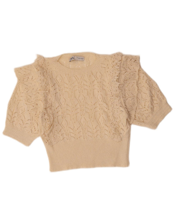 ZARA Pull court à col rond pour femme UK 12 en coton beige moyen
