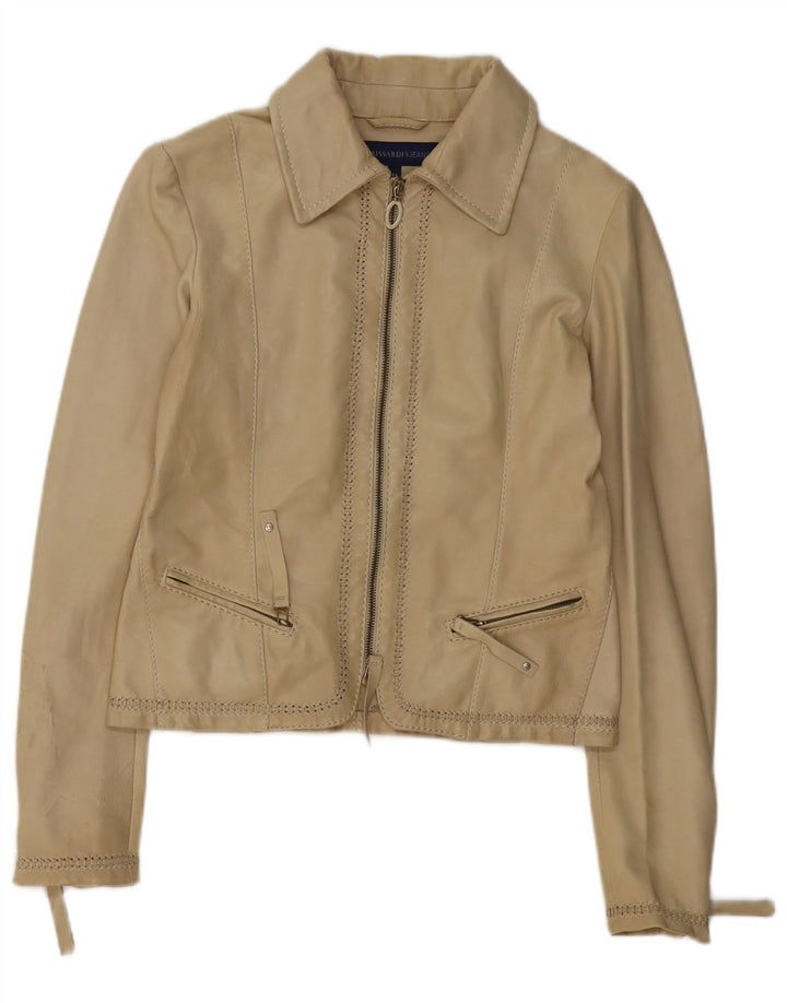 TRUSSARDI JEANS Veste en Cuir Court Femme IT 44 Cuir Beige Moyen