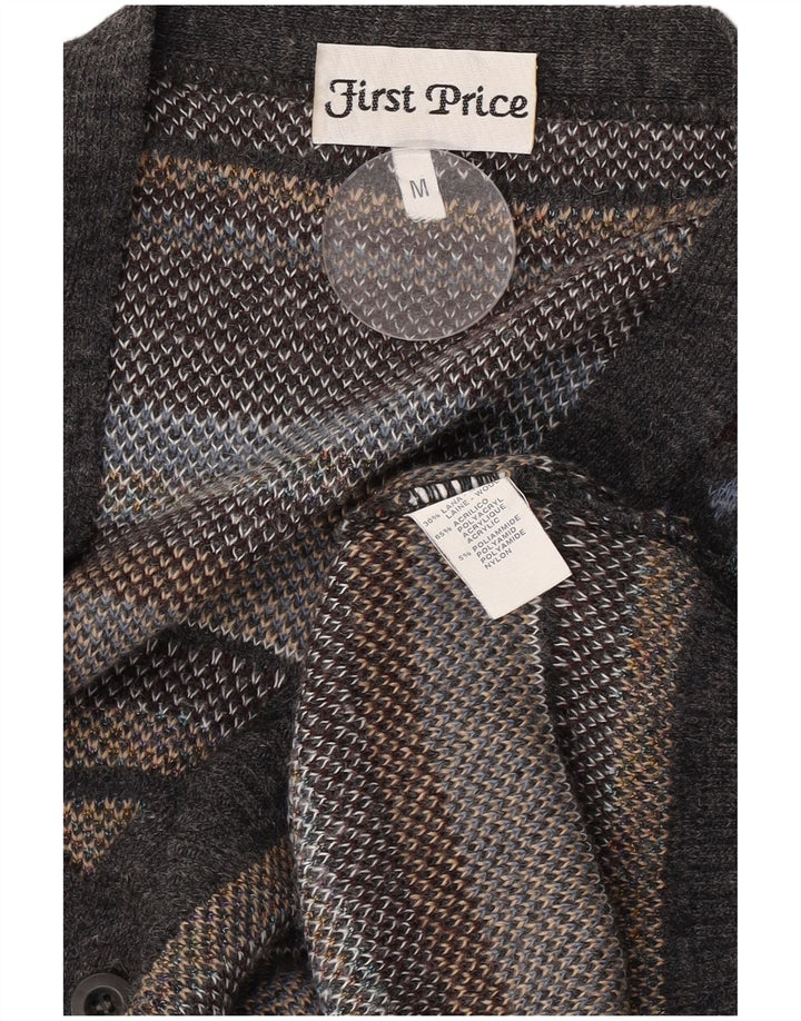 vintage Mens Cardigan Pull Moyen Gris Géométrique Laine