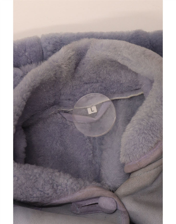 veste en peau de mouton à capuche femme vintage UK 16 Grand patchwork violet