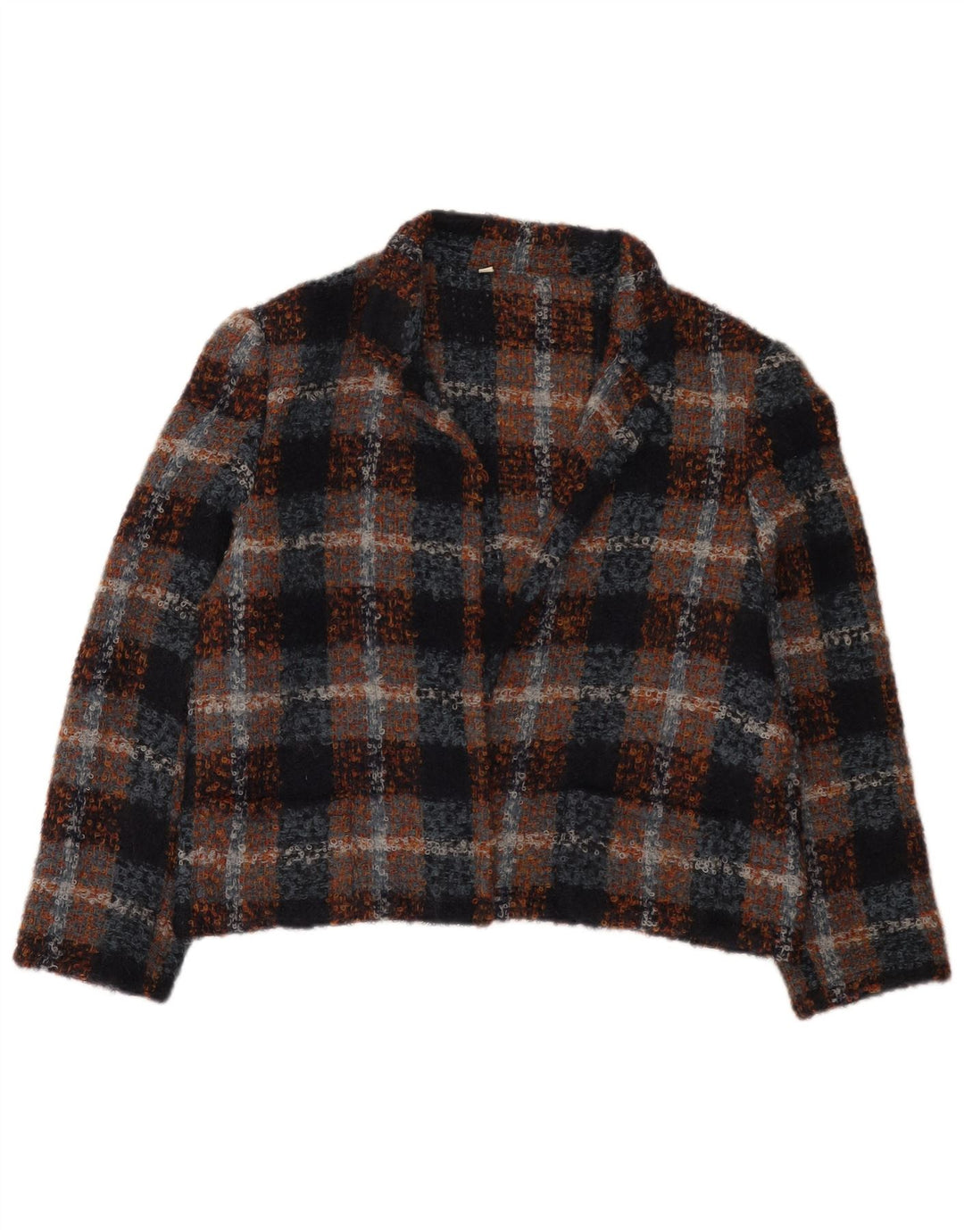 Veste Boléro Ouverte Femme Vintage IT 48 XL Laine à Carreaux Multicolore