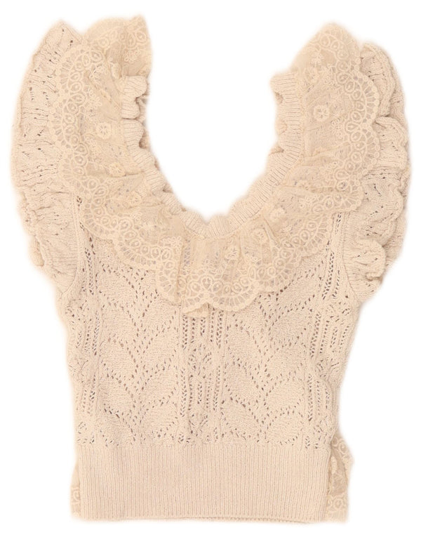 Zara Womens Ruffle Front Crochet Crop Top UK 8 Petit Beige Polyester