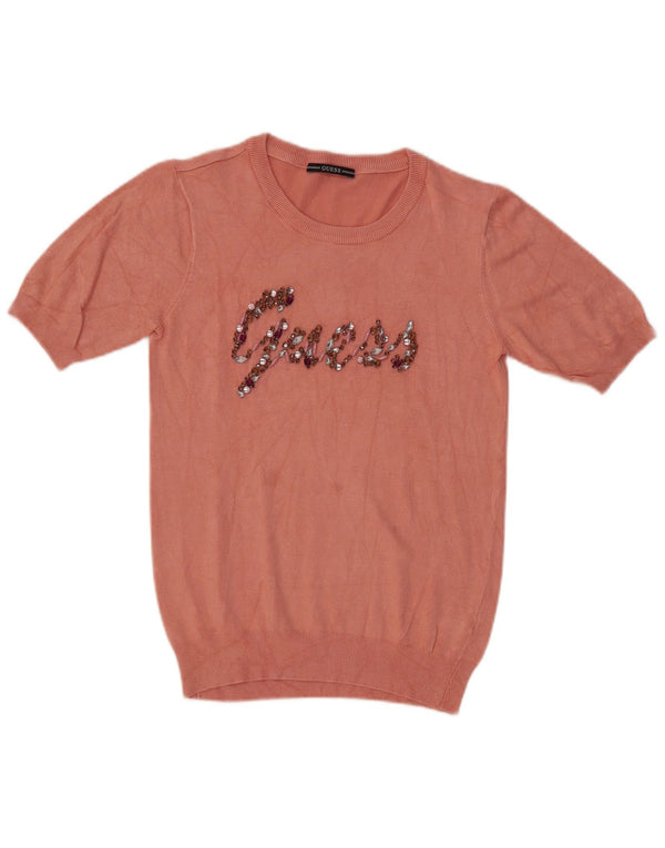 Guess Pull graphique à col rond pour femme UK 14 Rose moyen