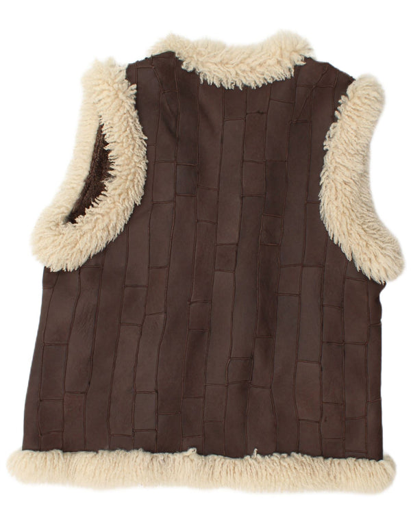 vintage Femmes Sherpa Cuir Gilet EU 46 XL Marron