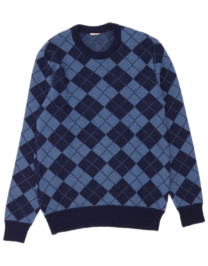 vintage Mens Crew Neck Jumper Pull Moyen Bleu Marine Argyle/Diamant