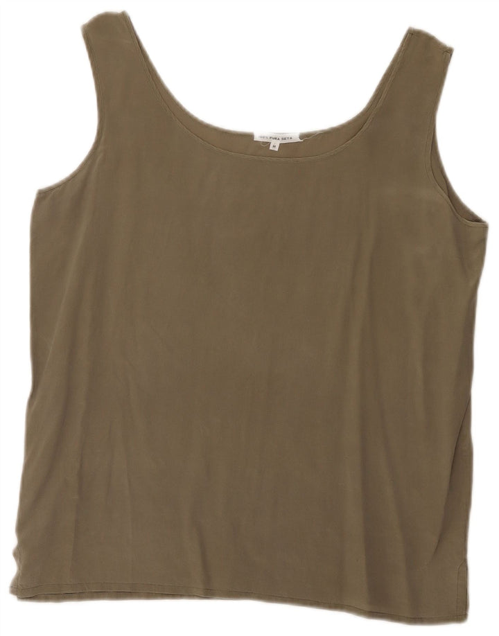 vintage Femmes Cami Top UK 14 Soie Kaki Moyenne