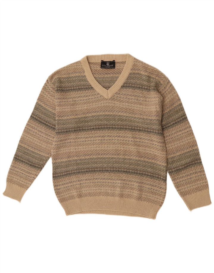 vintage Mens V-Col Jumper Pull Moyen Beige Rayé