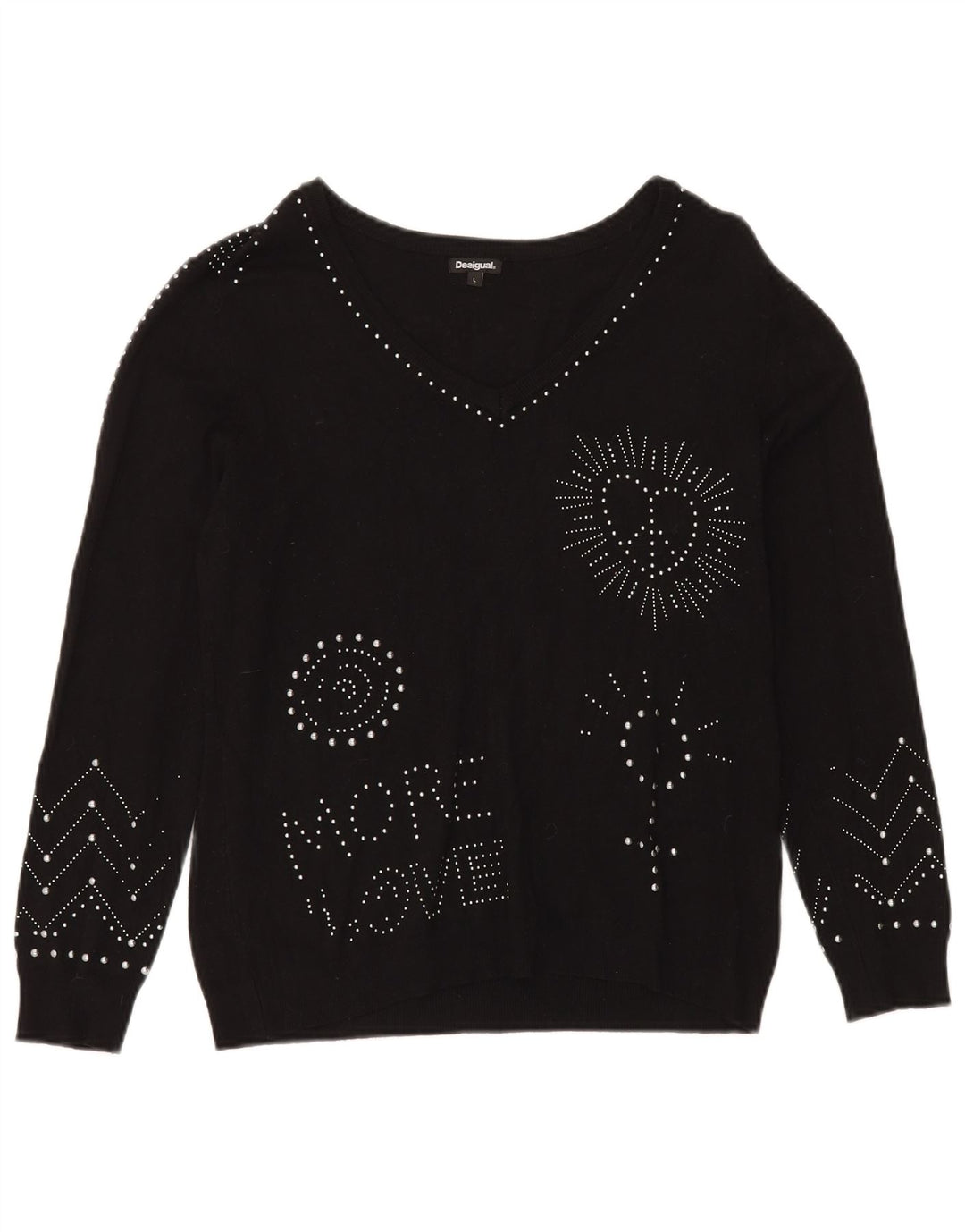 DESIGUAL Pull graphique à col en V pour femme UK 16 Large Noir Synthétique