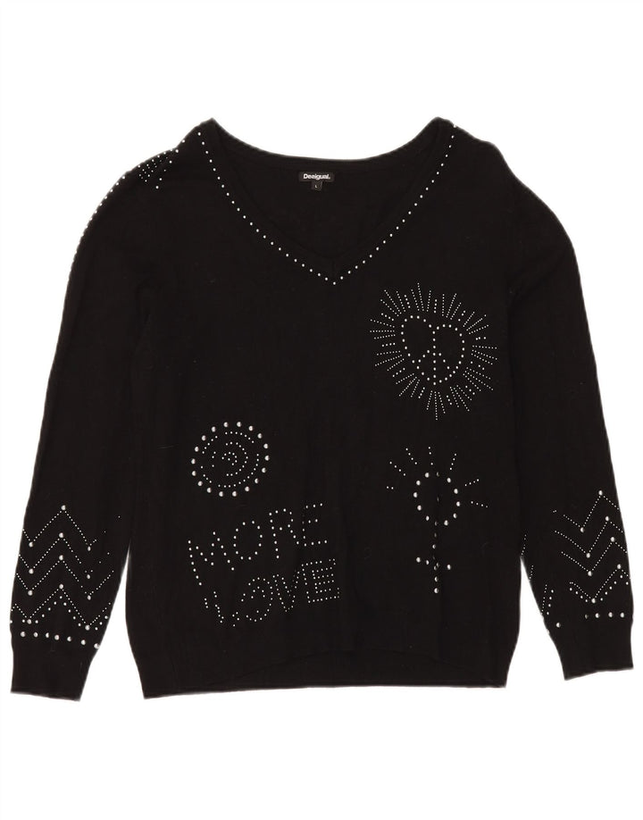 DESIGUAL Pull graphique à col en V pour femme UK 16 Large Noir Synthétique