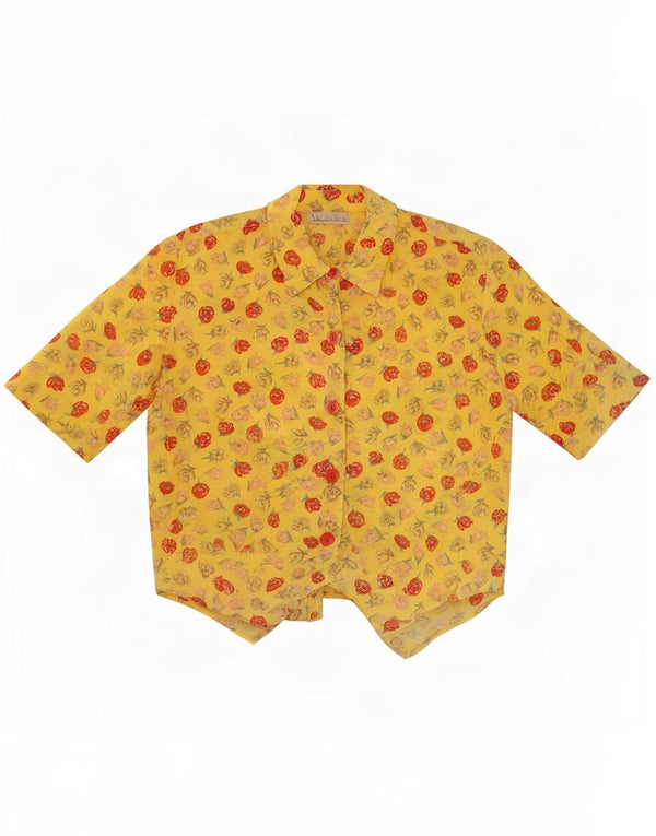vintage Womens Crop Short Sleeve Shirt Blouse UK 14 Moyen Jaune Floral