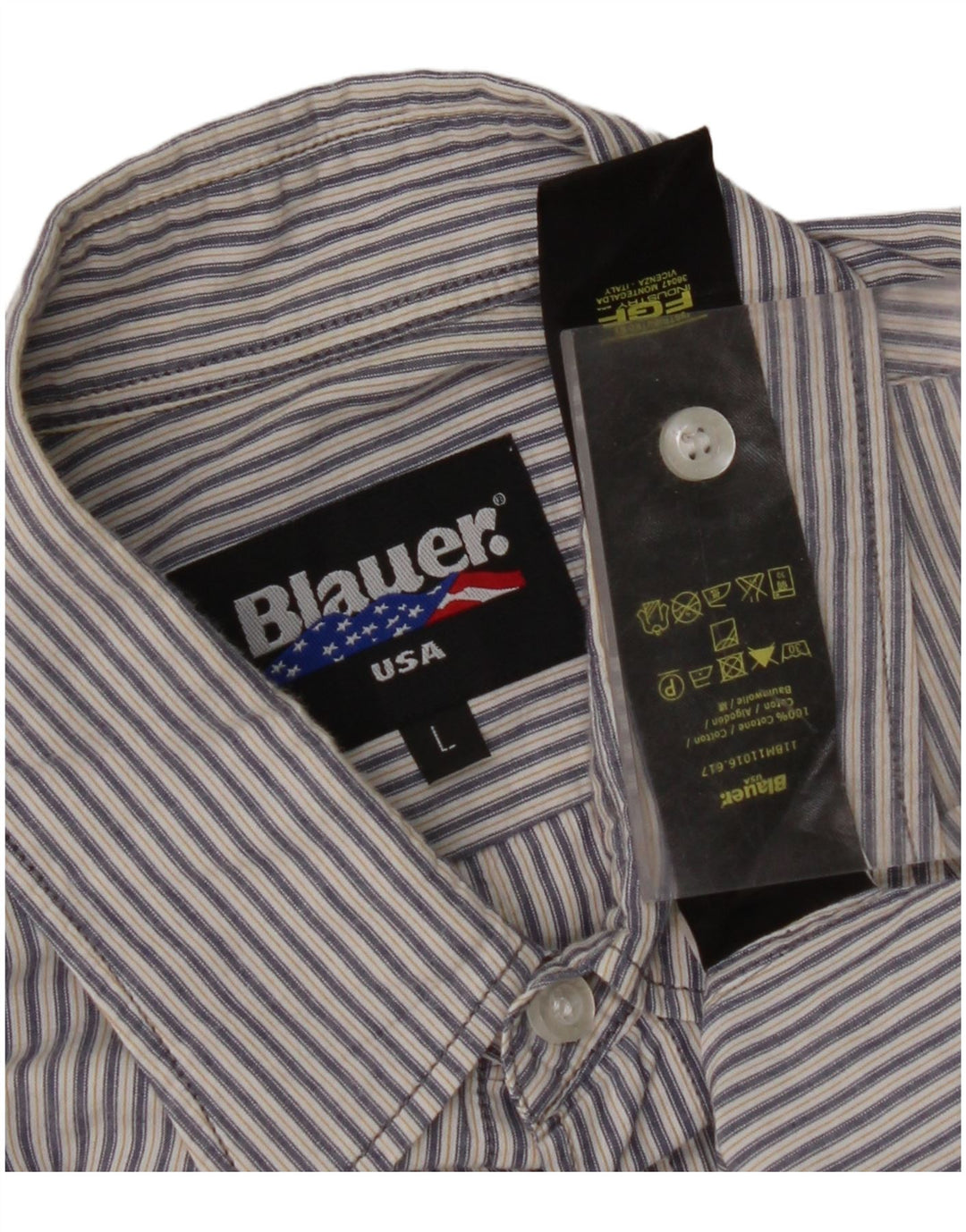 BLAUER Chemise militaire à manches courtes pour homme en coton à fines rayures bleues