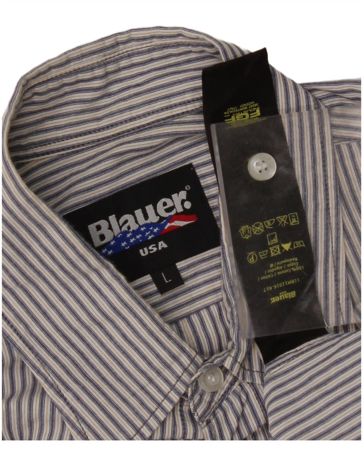 BLAUER Chemise militaire à manches courtes pour homme en coton à fines rayures bleues