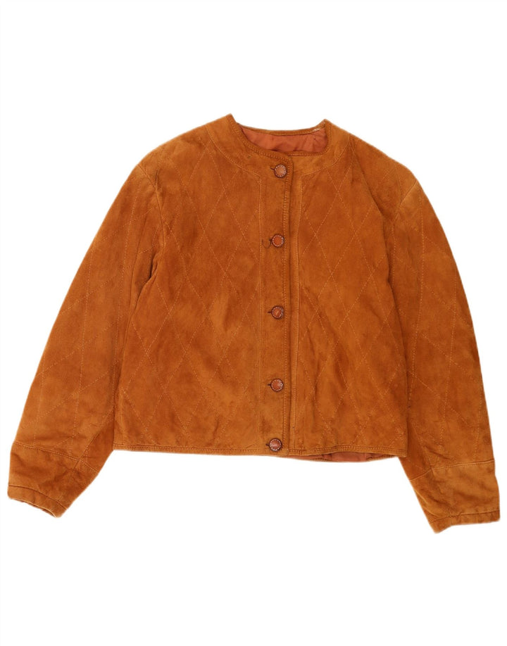 vintage Womens Crop Suede Jacket UK 16 Grand Brun Géométrique