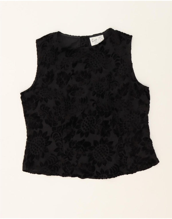 vintage Femmes Sans Manches Crop Blouse Top UK 14 Moyen Noir Floral