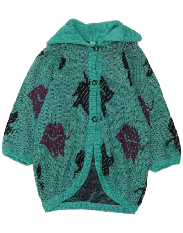 vintage Femmes Longline Cardigan Pull UK 16 Grand Turquoise Floral