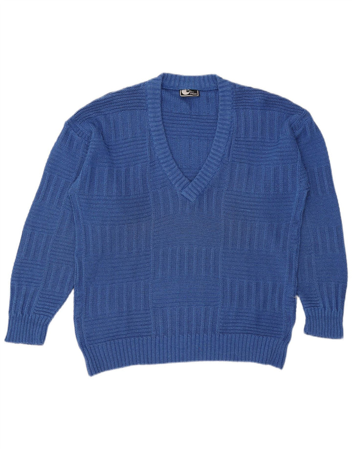 vintage Homme Col V Pull Pull Bleu Moyen Coton