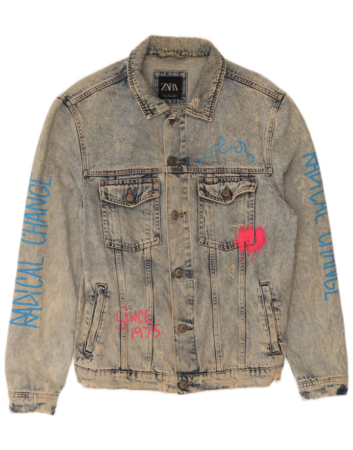 Zara Veste en jean graphique pour homme UK 40 Large Bleu Coton