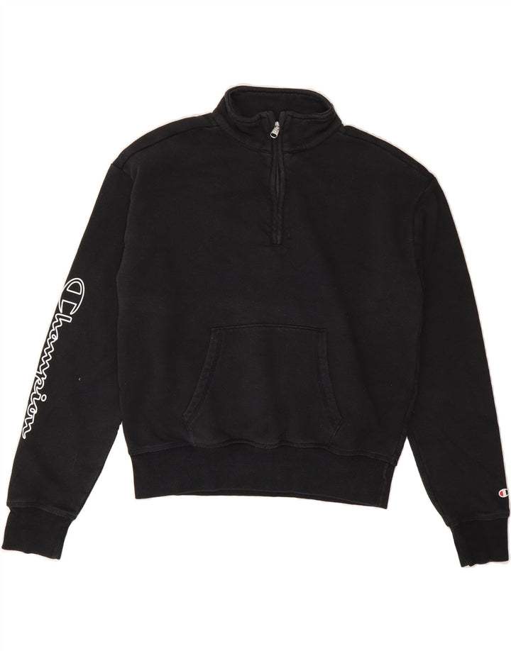 CHAMPION Womens Graphic Zip Neck Sweatshirt Jumper UIK 14 Medium Black Vintage Champion and Second-Hand Champion from Messina Hembry 