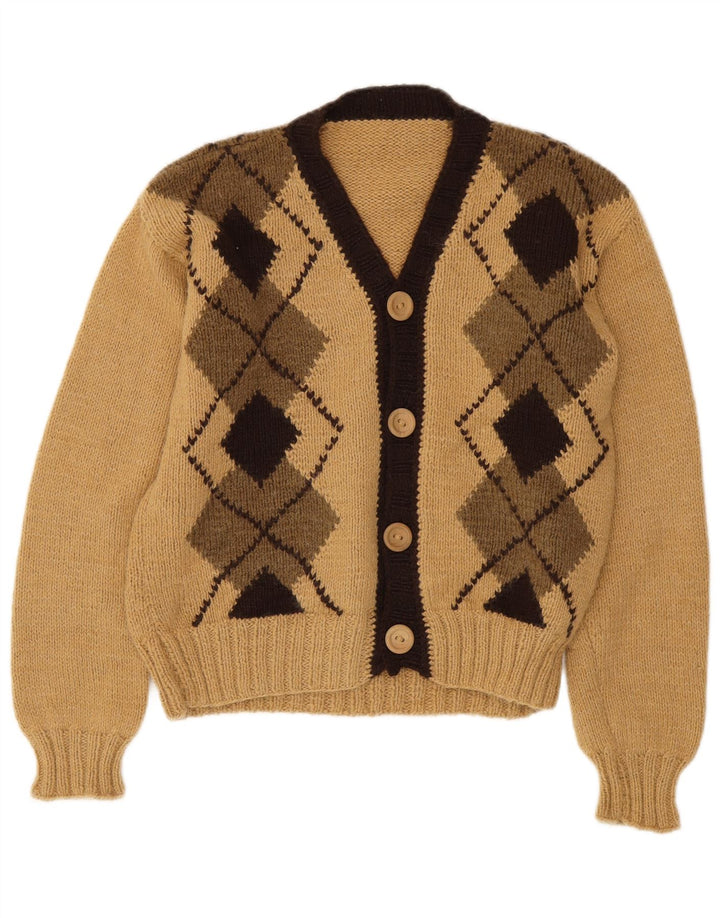vintage Femme Cardigan Pull UK 14 Moyen Beige Argyle/Diamant