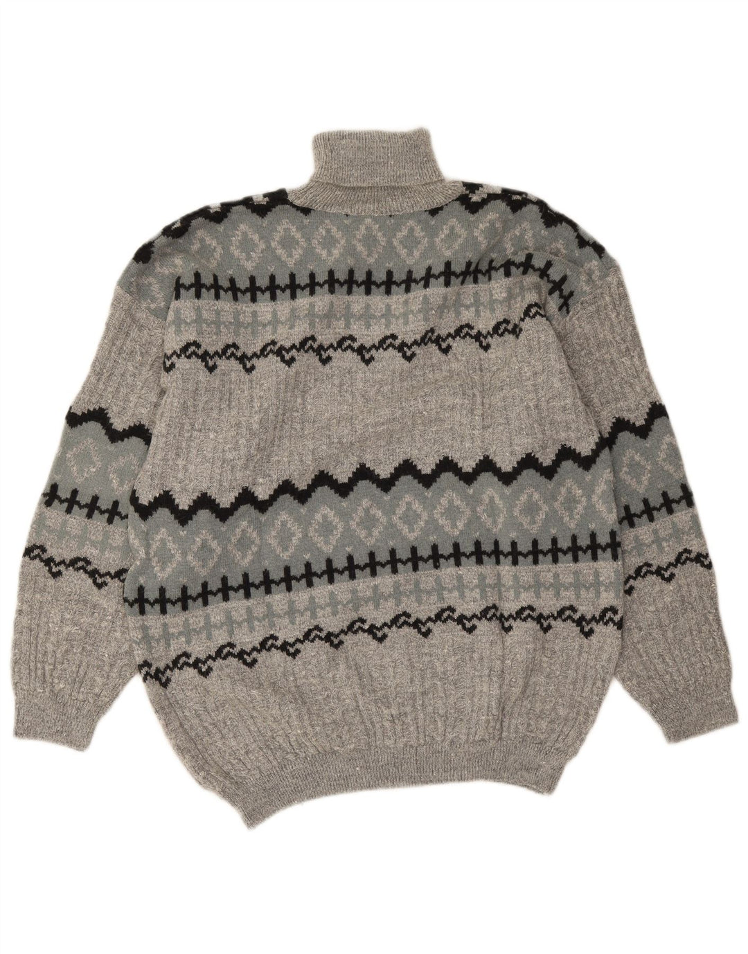 vintage Mens Roll Neck Jumper Pull Grande Gris Fair Isle Alpaga Laine