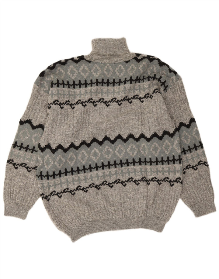 vintage Mens Roll Neck Jumper Pull Grande Gris Fair Isle Alpaga Laine