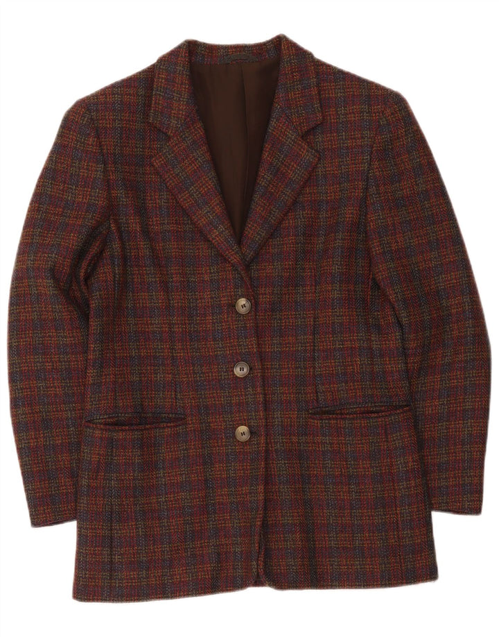 vintage Femmes 3 Boutons Veste Blazer Surdimensionnée UK 10 Petit Carreau Bordeaux