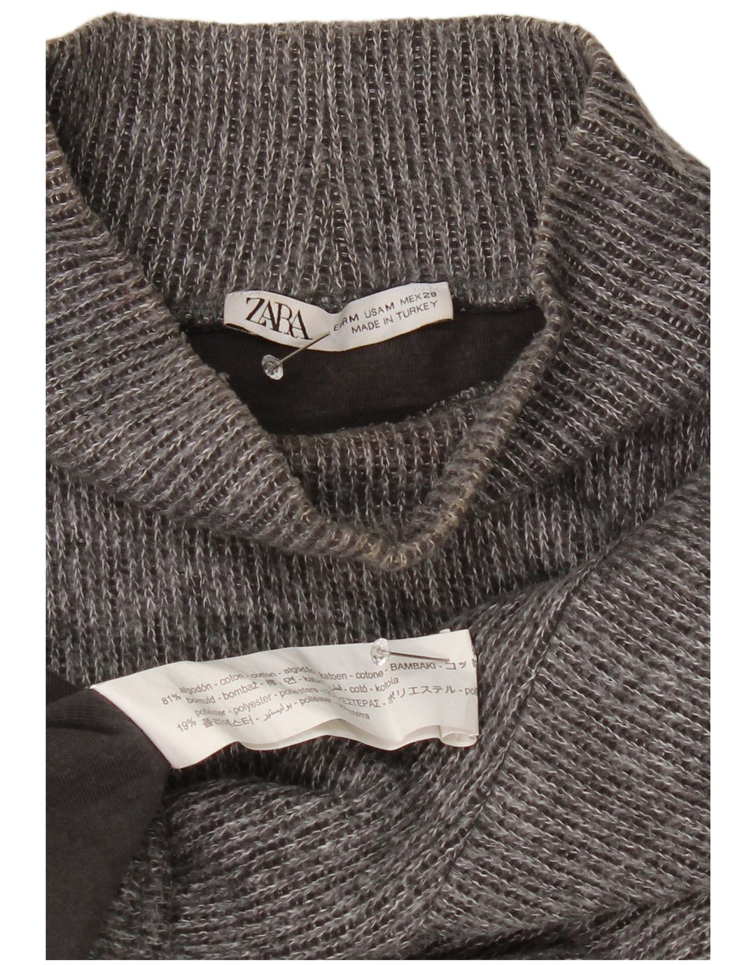 Zara Pull court à col roulé pour femme UK 14 Gris moyen moucheté