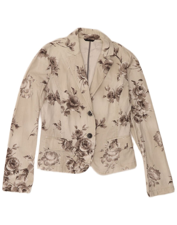 Sisley Veste blazer en jean à 2 boutons pour femme UK 10 Petit blanc cassé floral