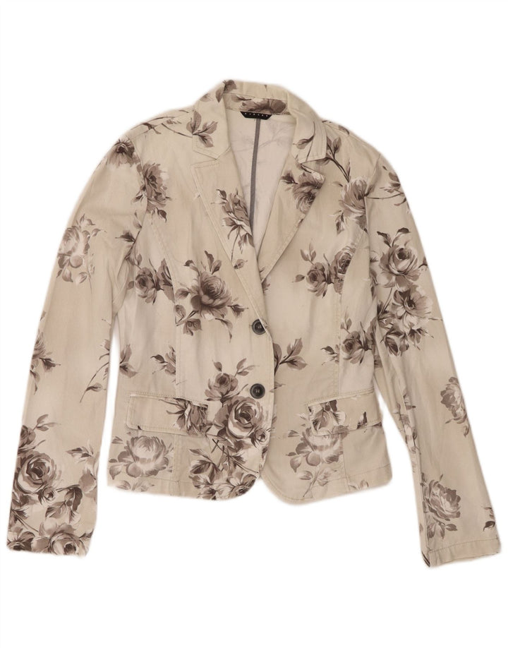 Sisley Veste blazer en jean à 2 boutons pour femme UK 10 Petit blanc cassé floral